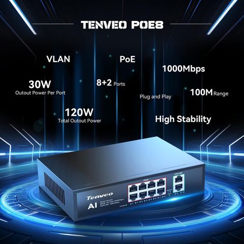 Tenveo 8-Port Gigabit PoE+ Switch (120W) – view 2